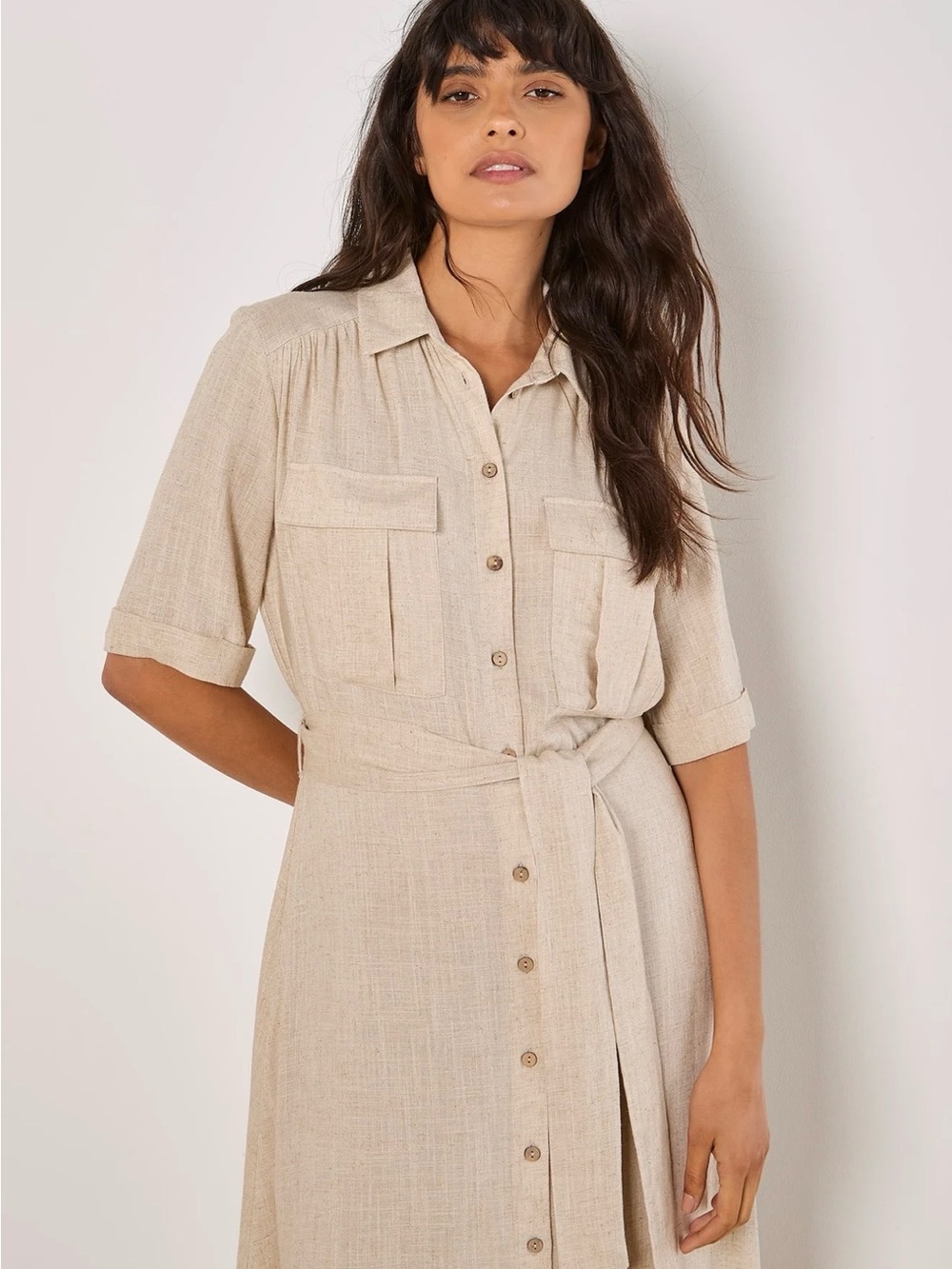 Sz M⭐️NWT APRICOT Stone Linen Blend Button-Front Midi Shirt Dress - Picture 6 of 12